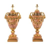 A Pair of Louis XVI Style Gilt Bronze and Marble Urns Mounted as Lamps