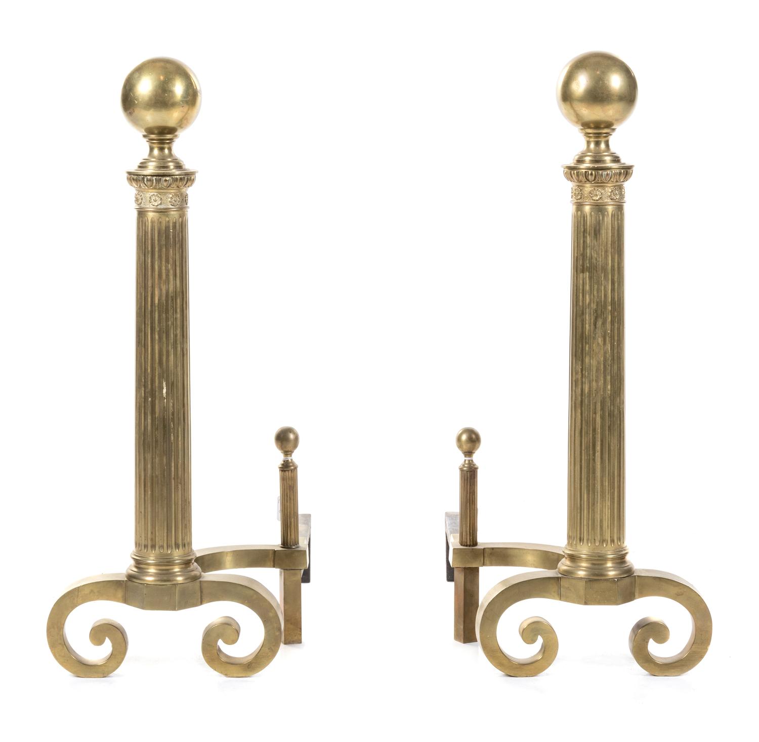A Pair of Brass Andirons Height 32 x width 26 inches. — 19TH CENTURY