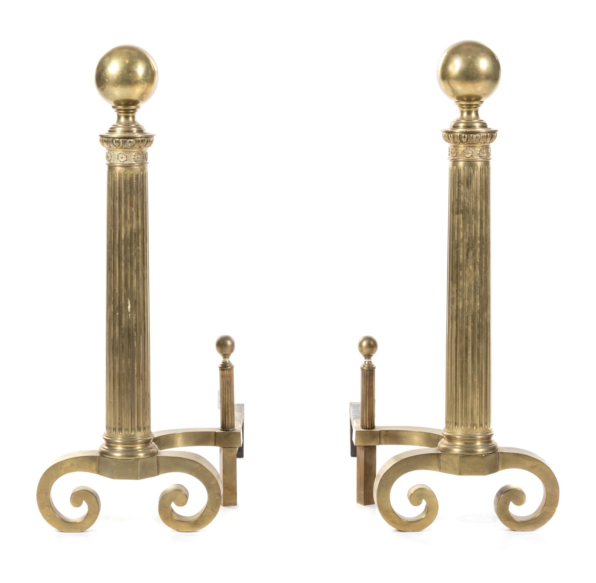 A Pair of Brass Andirons Height 32 x width 26 inches. — 19TH CENTURY