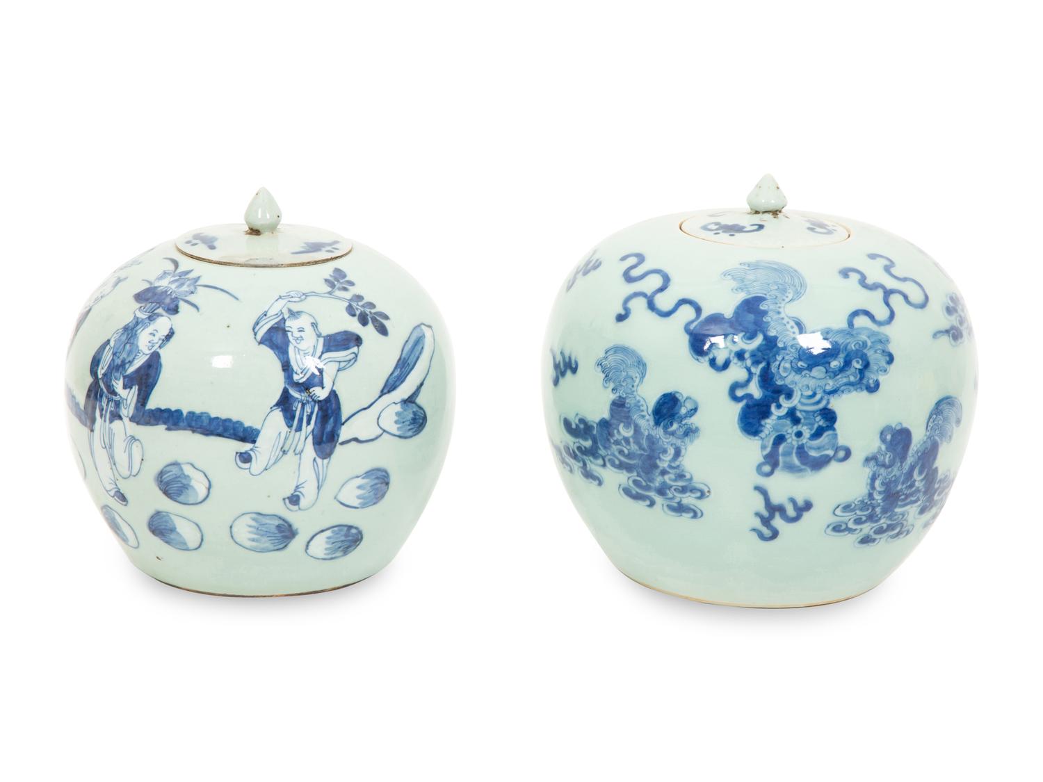 Two Pairs of Chinese Blue on Celadon Porcelain Covered Jars