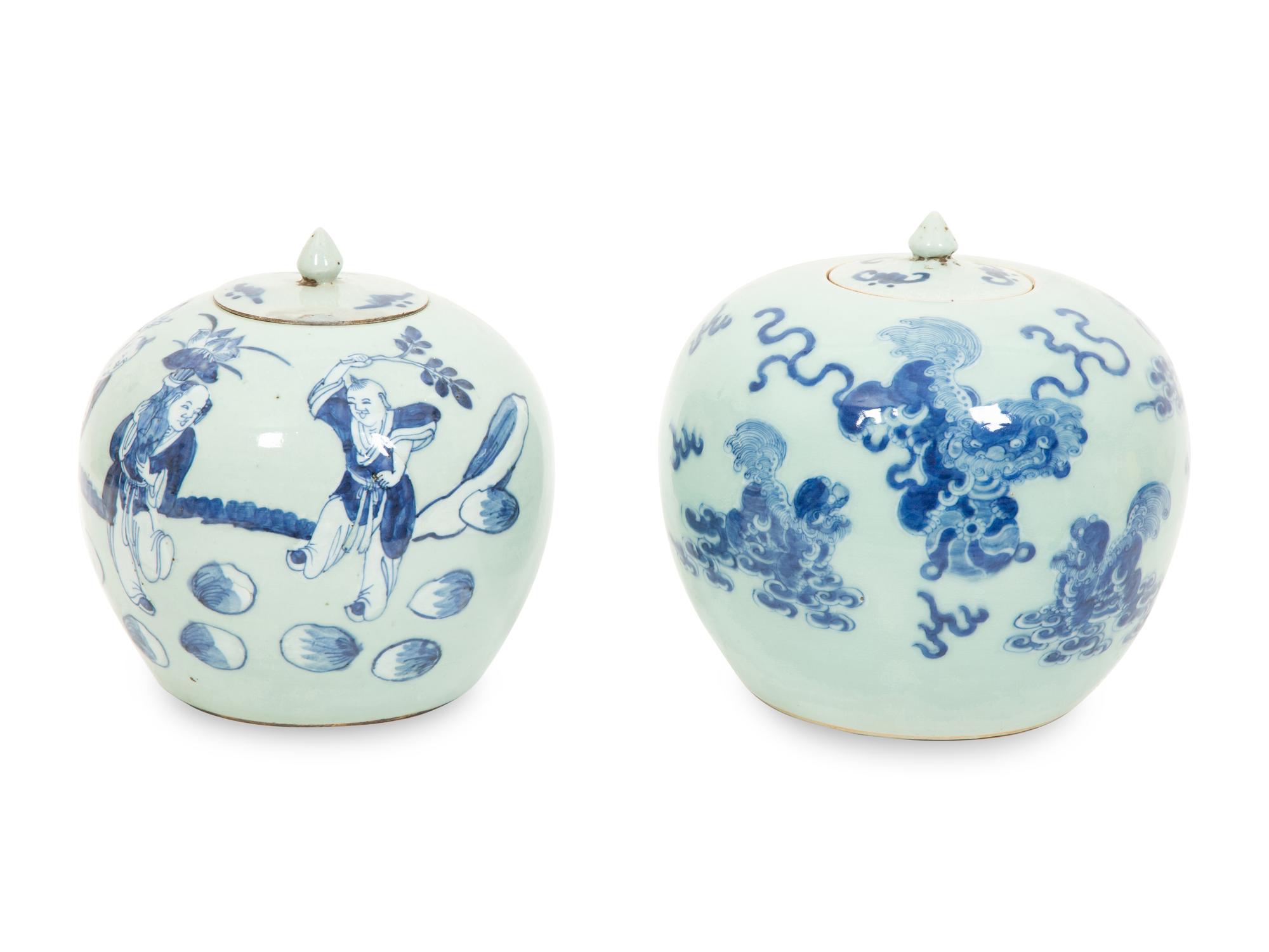 Two Pairs of Chinese Blue on Celadon Porcelain Covered Jars