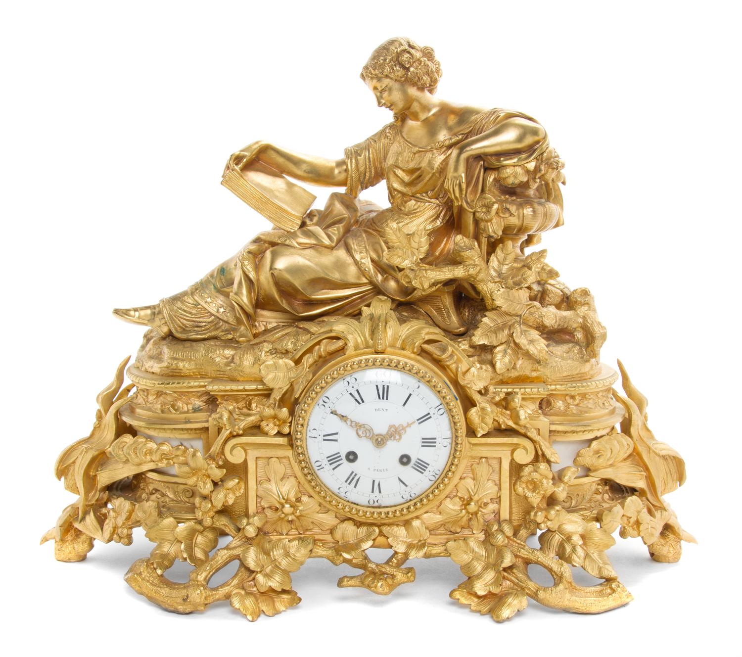 A French Marble Inset Gilt Bronze Mantel Clock Height 15 1/2 inches.