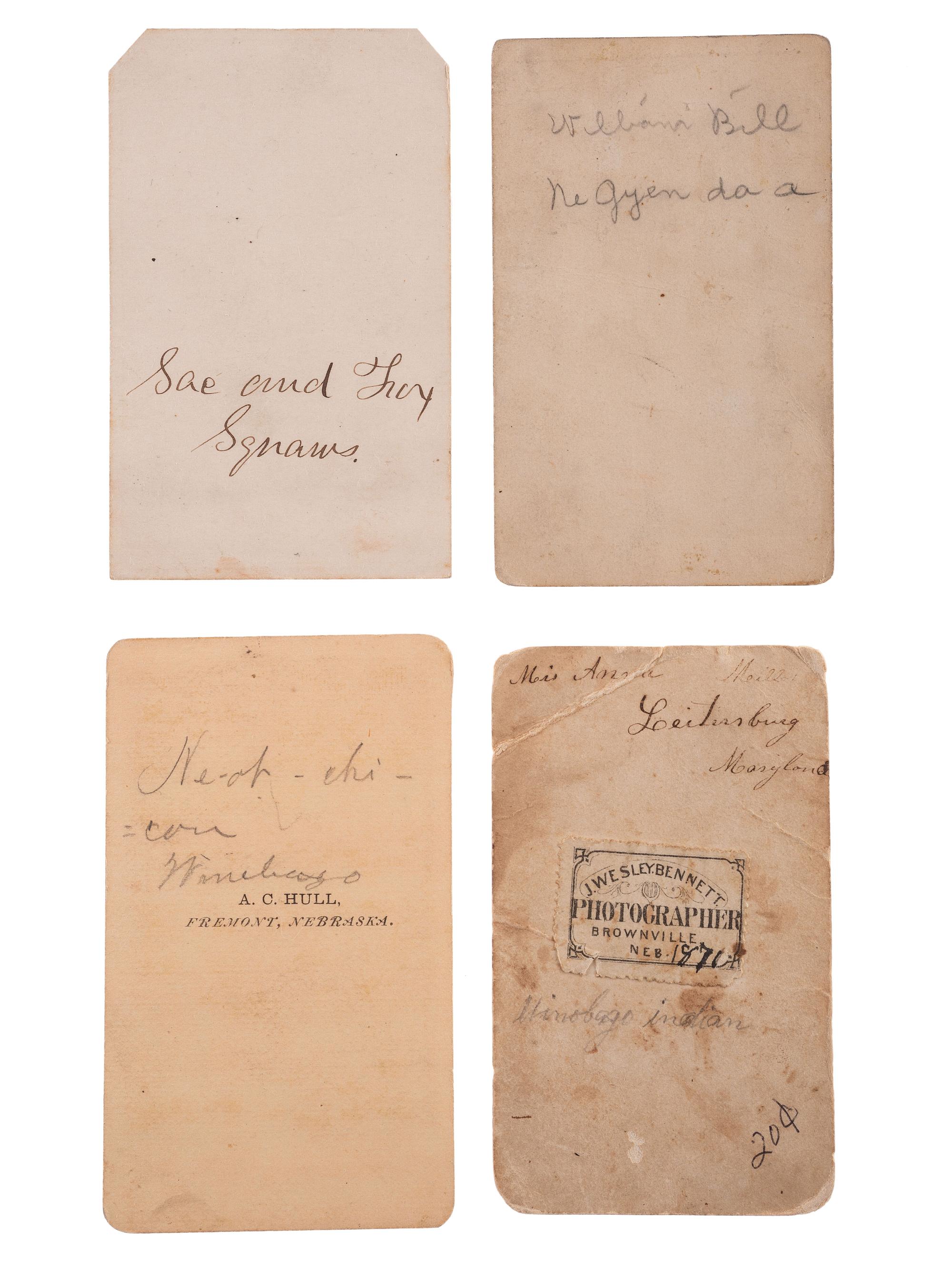 [NATIVE AMERICANS]. A group of 4 CDVs of Iroquois, Sac & Fox, and Winnebago subjects, comprising: