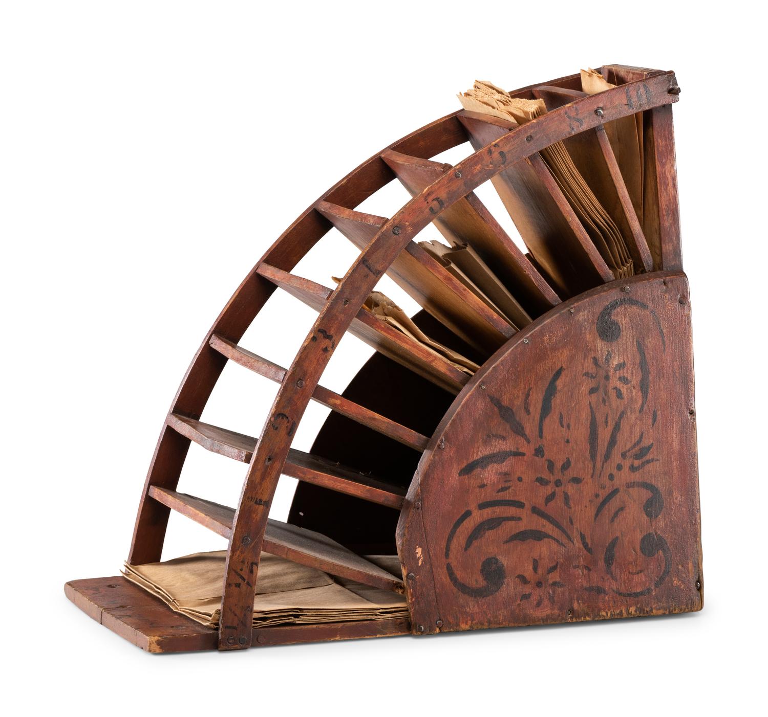 A Stenciled Wood Stratton & Bird Countertop Bag Rack