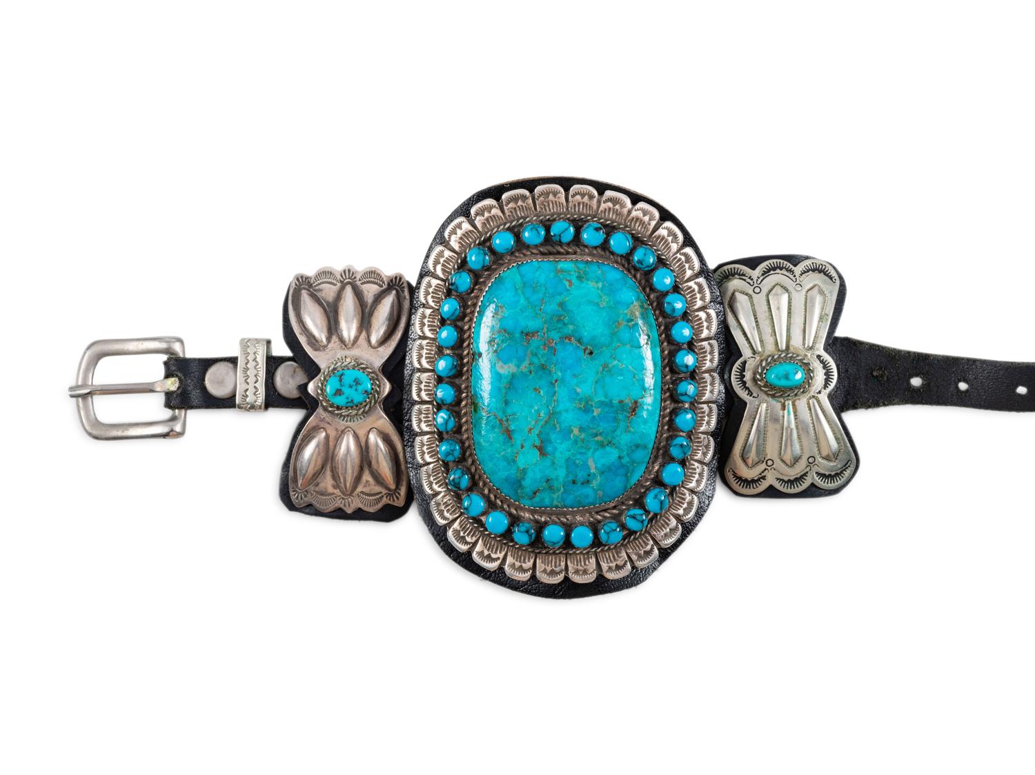 Navajo Sterling Silver Ketoh, with Large Turquoise Cabochon and Turquoise Clusters