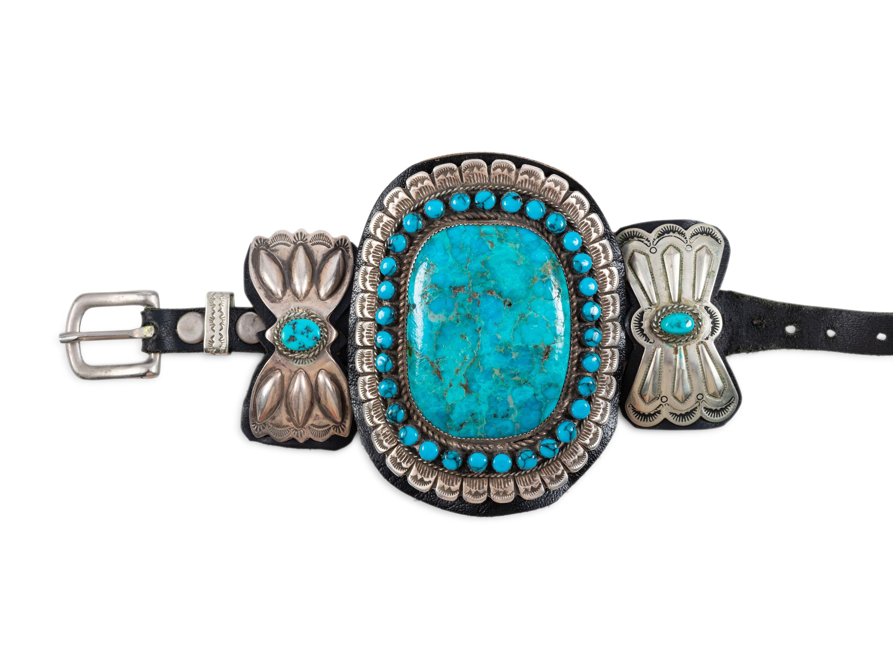 Navajo Sterling Silver Ketoh, with Large Turquoise Cabochon and Turquoise Clusters