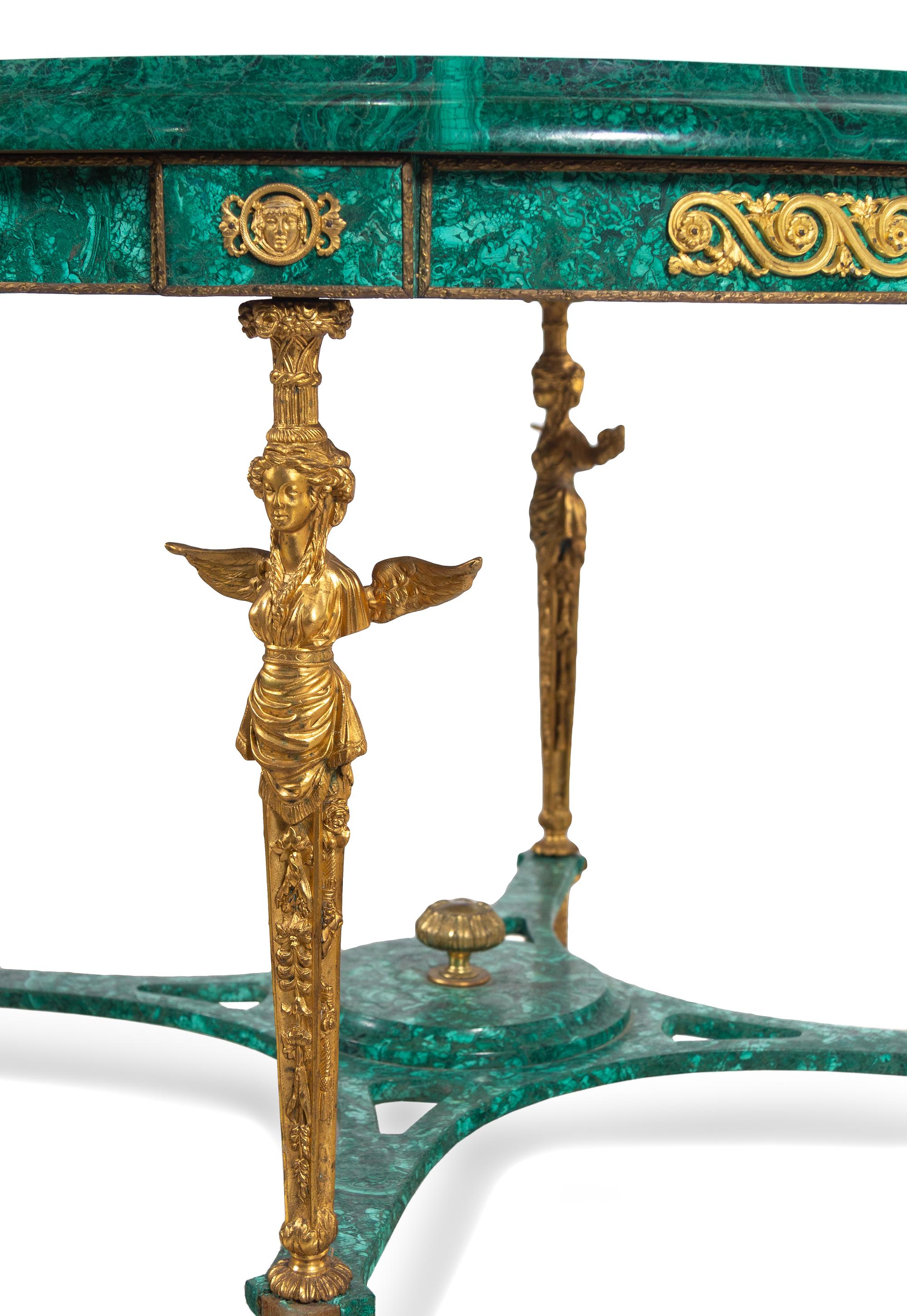 An Empire Style Gilt Bronze Mounted and Malachite Veneered Low Center Table