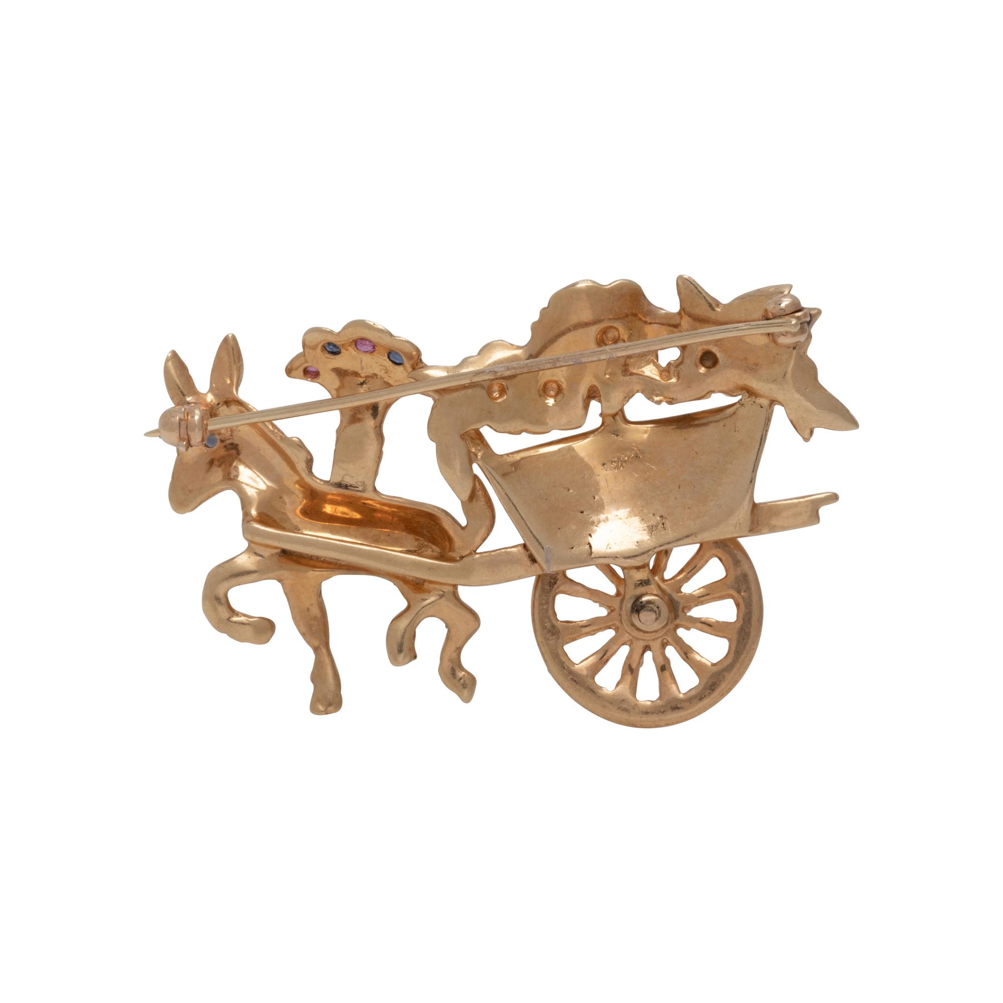 YELLOW GOLD AND MULTIGEM DONKEY WITH FLOWER CART BROOCH