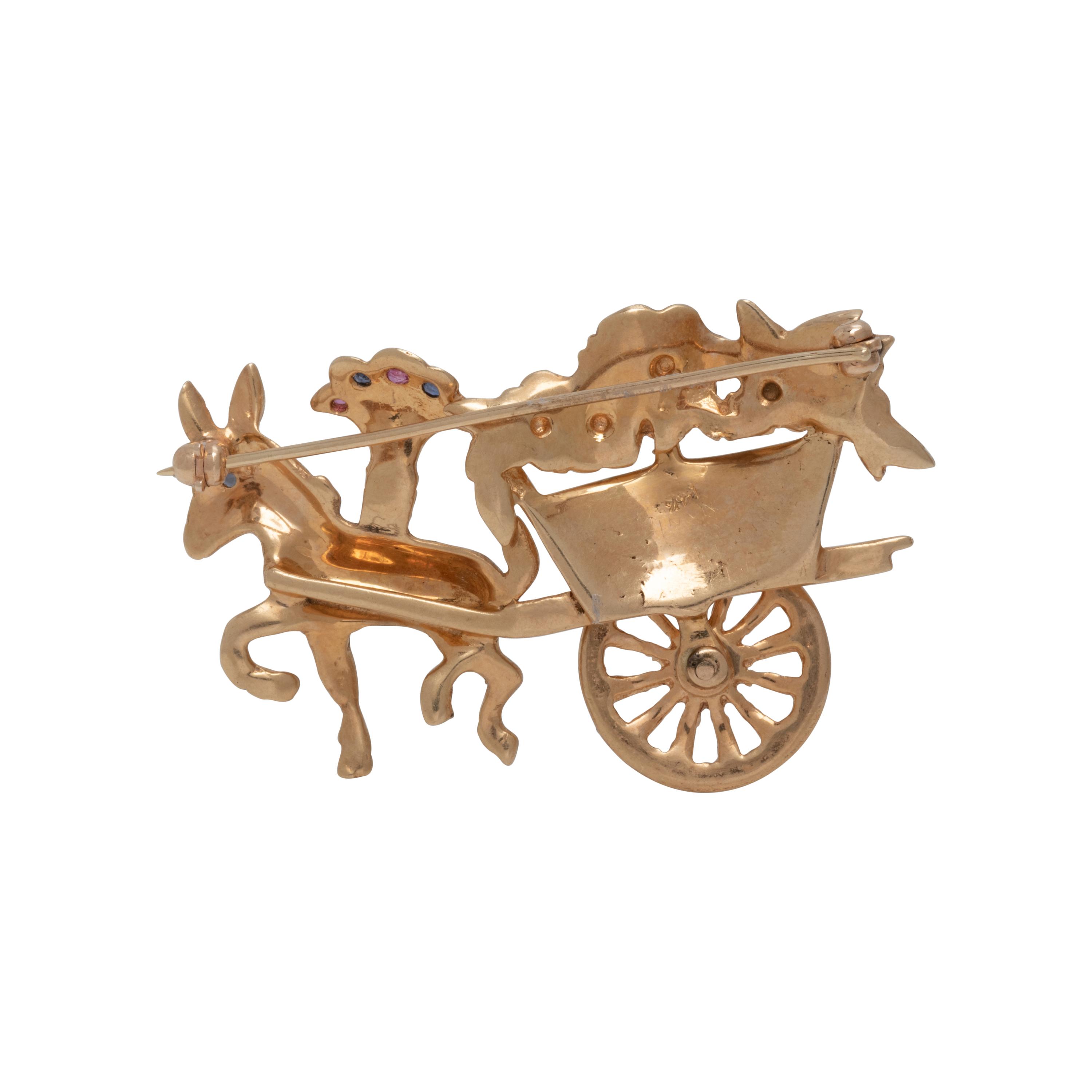 YELLOW GOLD AND MULTIGEM DONKEY WITH FLOWER CART BROOCH