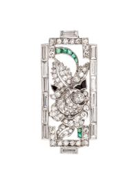 Art Deco, Diamond, Emerald and Onyx Brooch