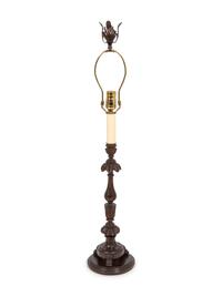 A Carved Mahogany Candlestick Mounted as a Lamp