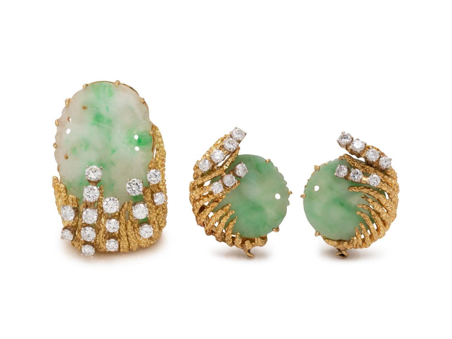YELLOW GOLD, JADE AND DIAMOND SET