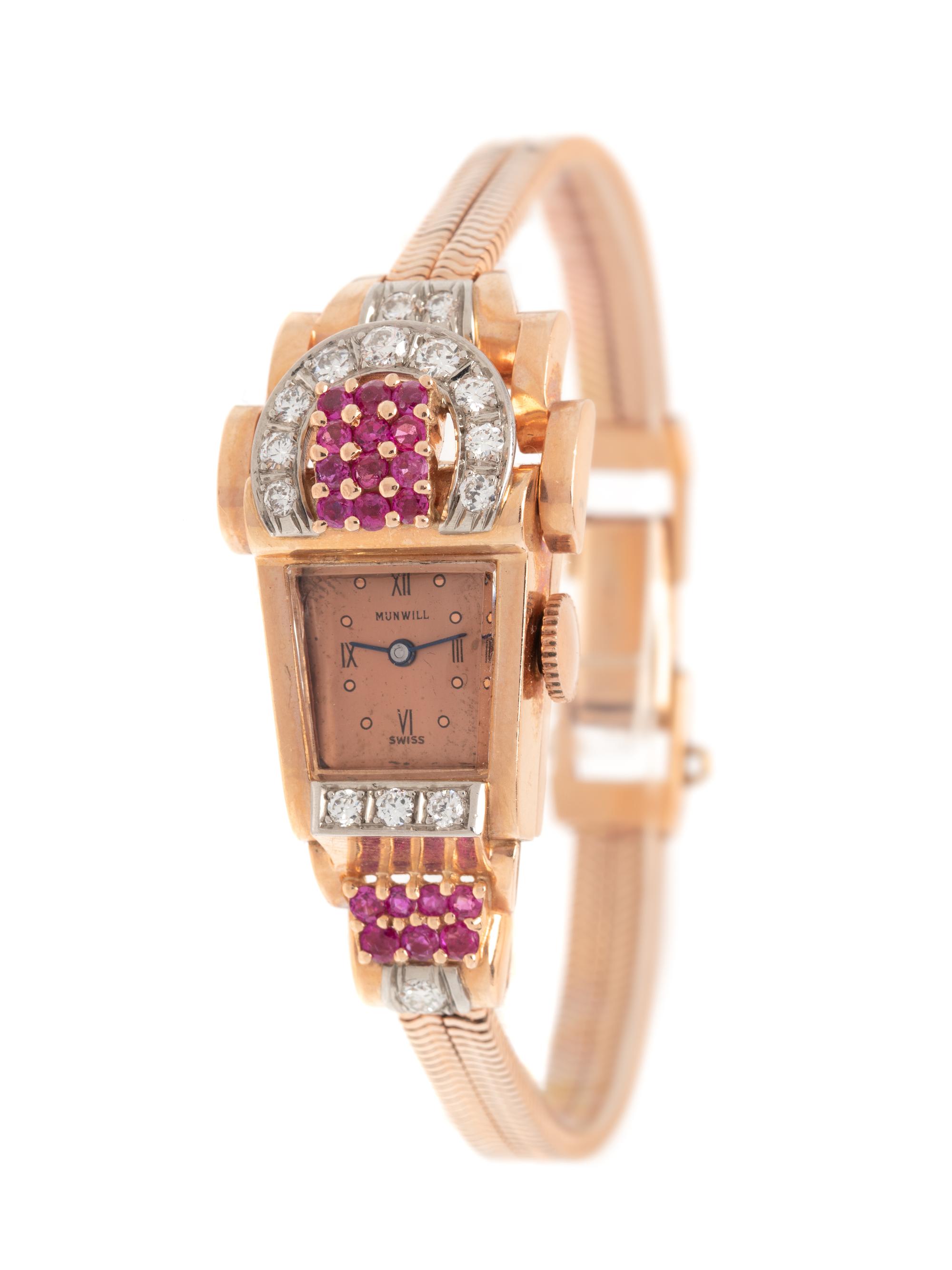 RETRO, 14K ROSE GOLD, DIAMOND AND RUBY WRISTWATCH