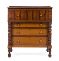 An American Tiger Maple and Mahogany Chest of Drawers Height 48 1/4 x width 44 1/4 x depth 25 5/8 inches. — 19TH CENTURY