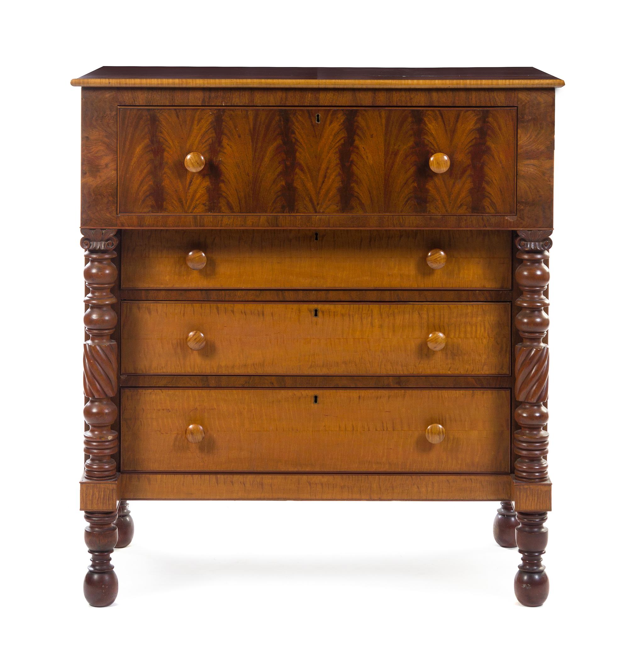 An American Tiger Maple and Mahogany Chest of Drawers Height 48 1/4 x width 44 1/4 x depth 25 5/8 inches. — 19TH CENTURY
