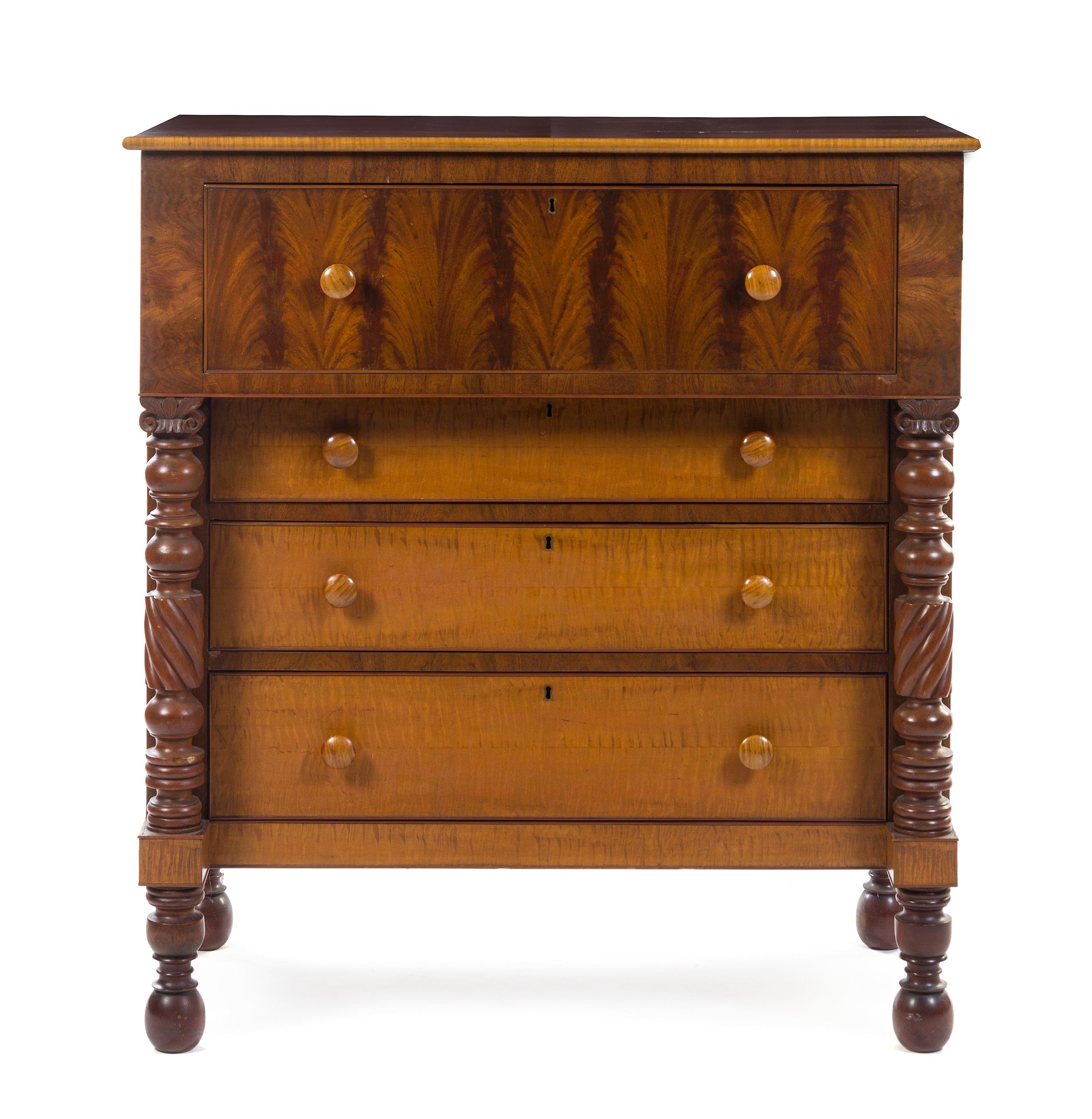 An American Tiger Maple and Mahogany Chest of Drawers Height 48 1/4 x width 44 1/4 x depth 25 5/8 inches. — 19TH CENTURY