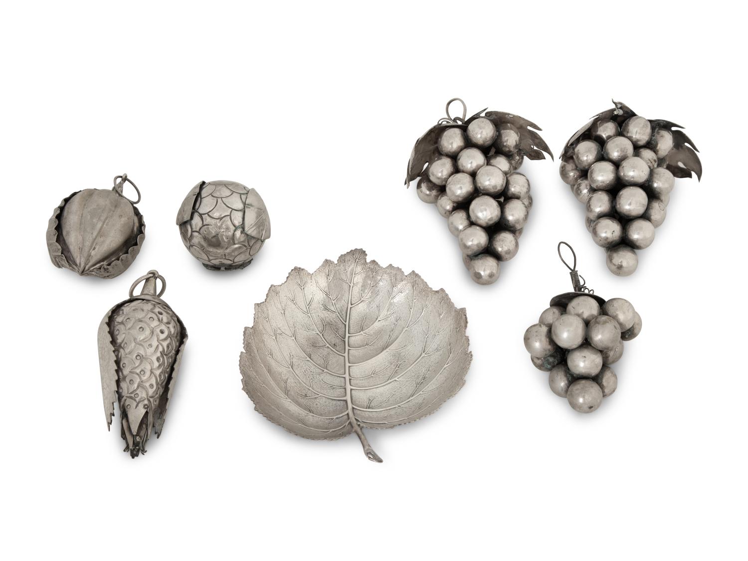 A Buccellati Silver Poplar Leaf Dish and Five Silvered Metal Fruits