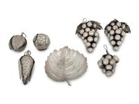A Buccellati Silver Poplar Leaf Dish and Five Silvered Metal Fruits