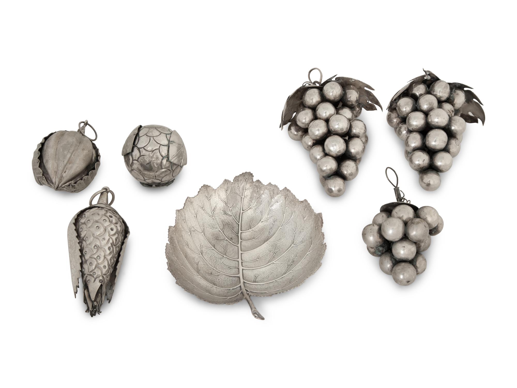 A Buccellati Silver Poplar Leaf Dish and Five Silvered Metal Fruits