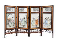 A Famille Rose Porcelain Inset Hardwood Four-Panel 'Eight Immortals' Table Screen