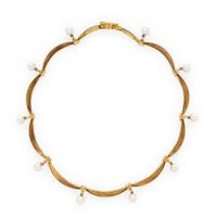 Yellow Gold, Diamond, and Cultured Pearl Necklace