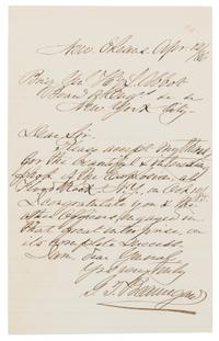 BEAUREGARD, Pierre Gustave Toutant. Autographed letter signed ("G.T. Beauregard"), to ex-Union General Henry L. Abbot, 12 April 1886.