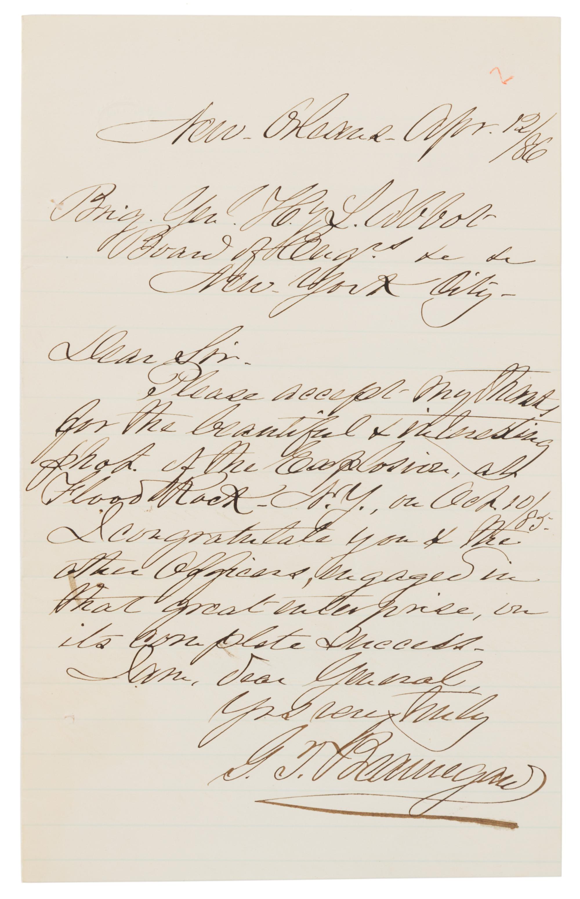 BEAUREGARD, Pierre Gustave Toutant. Autographed letter signed ("G.T. Beauregard"), to ex-Union General Henry L. Abbot, 12 April 1886.