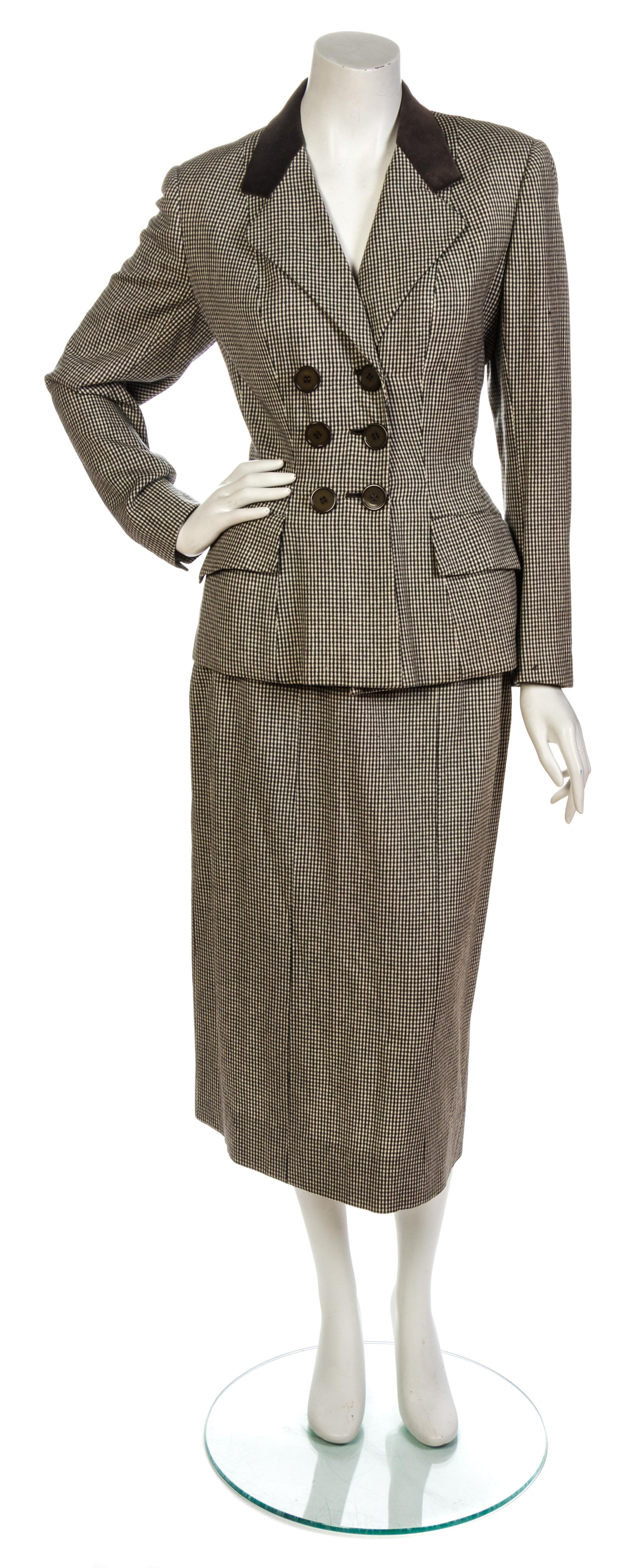 A Hardy Amies Brown and Ivory Wool Houndstooth Skirt Suit,