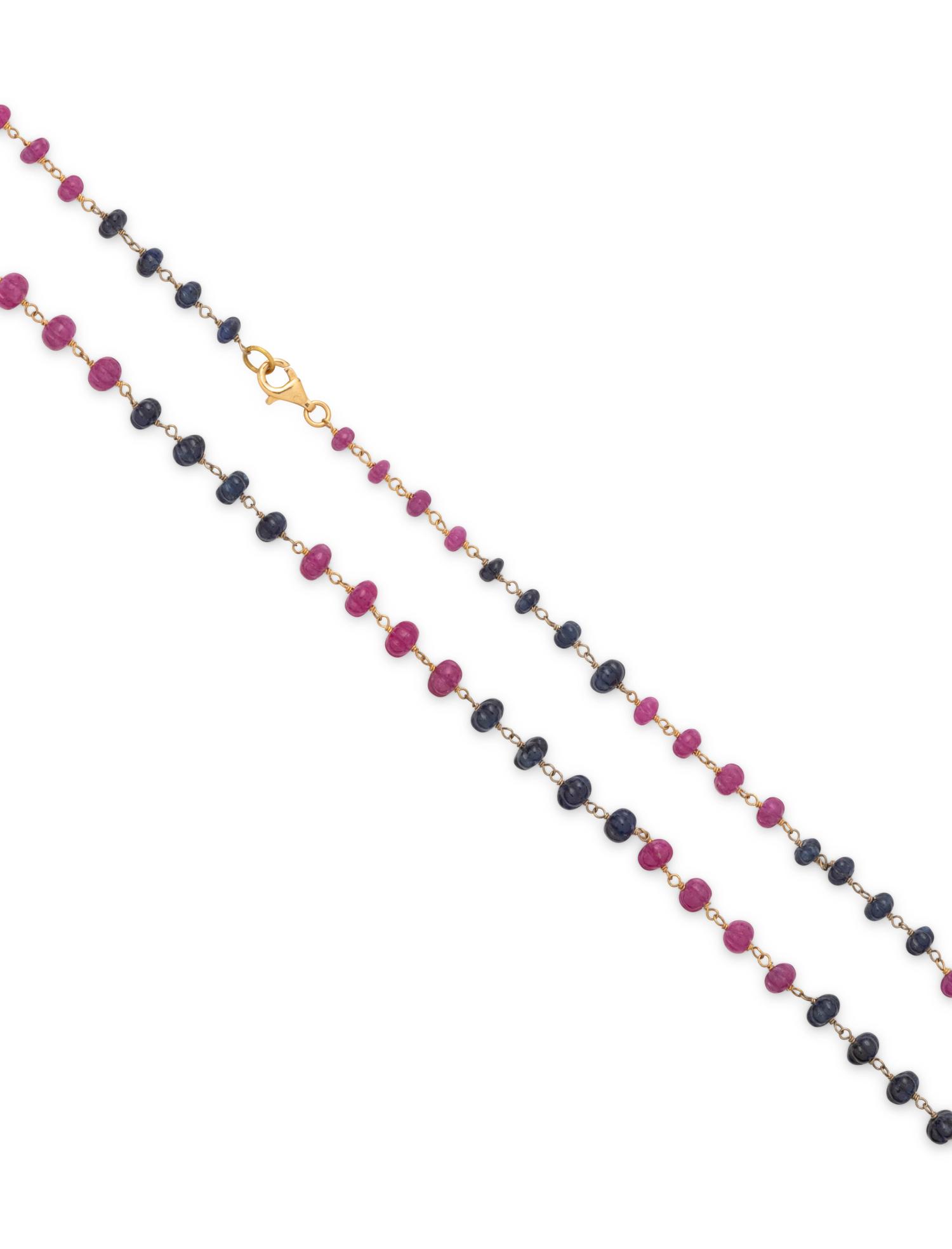 CARVED SAPPHIRE AND RUBY BEAD NECKLACE