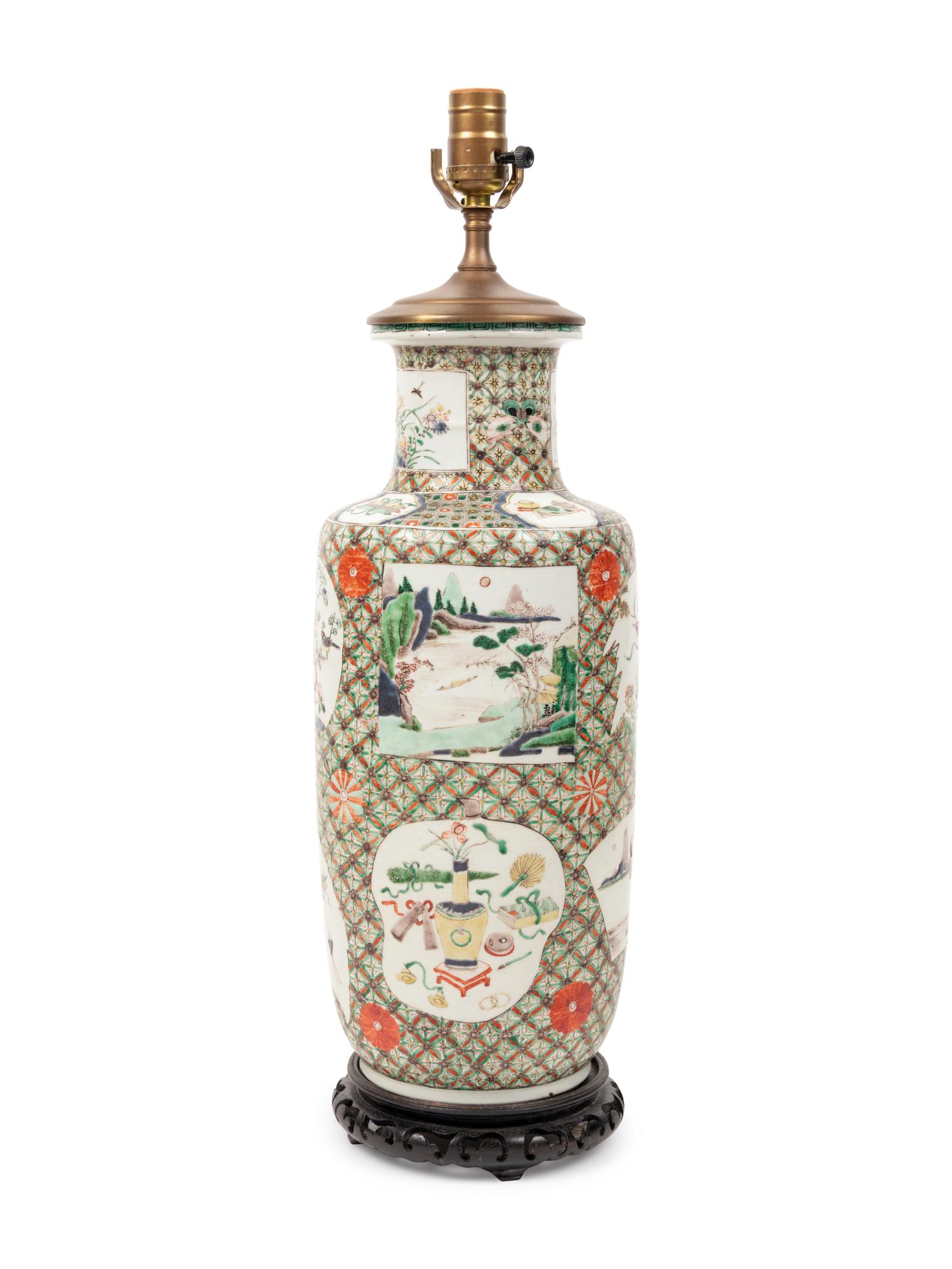A Chinese Famille Verte Porcelain Rouleau Vase