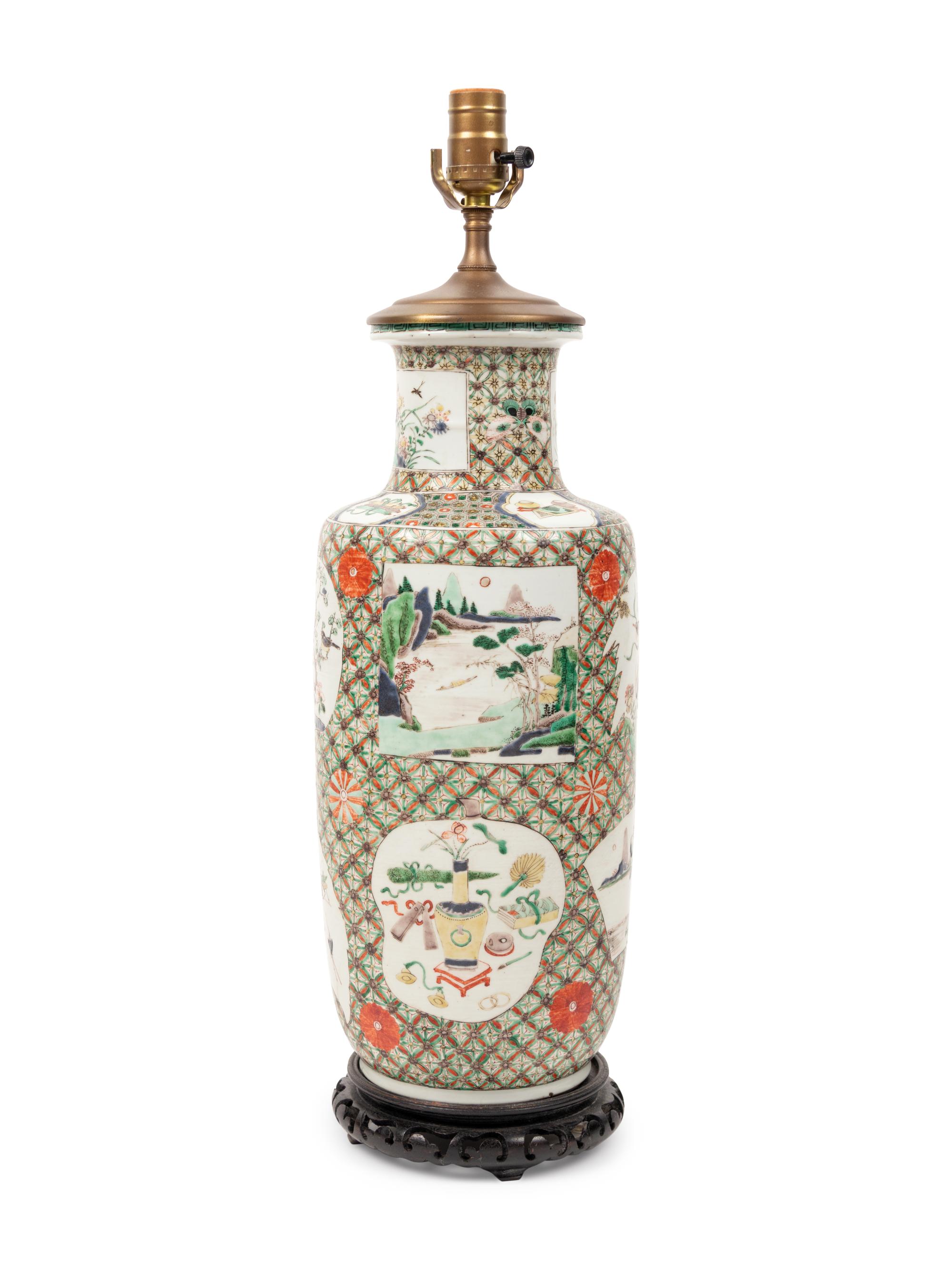 A Chinese Famille Verte Porcelain Rouleau Vase