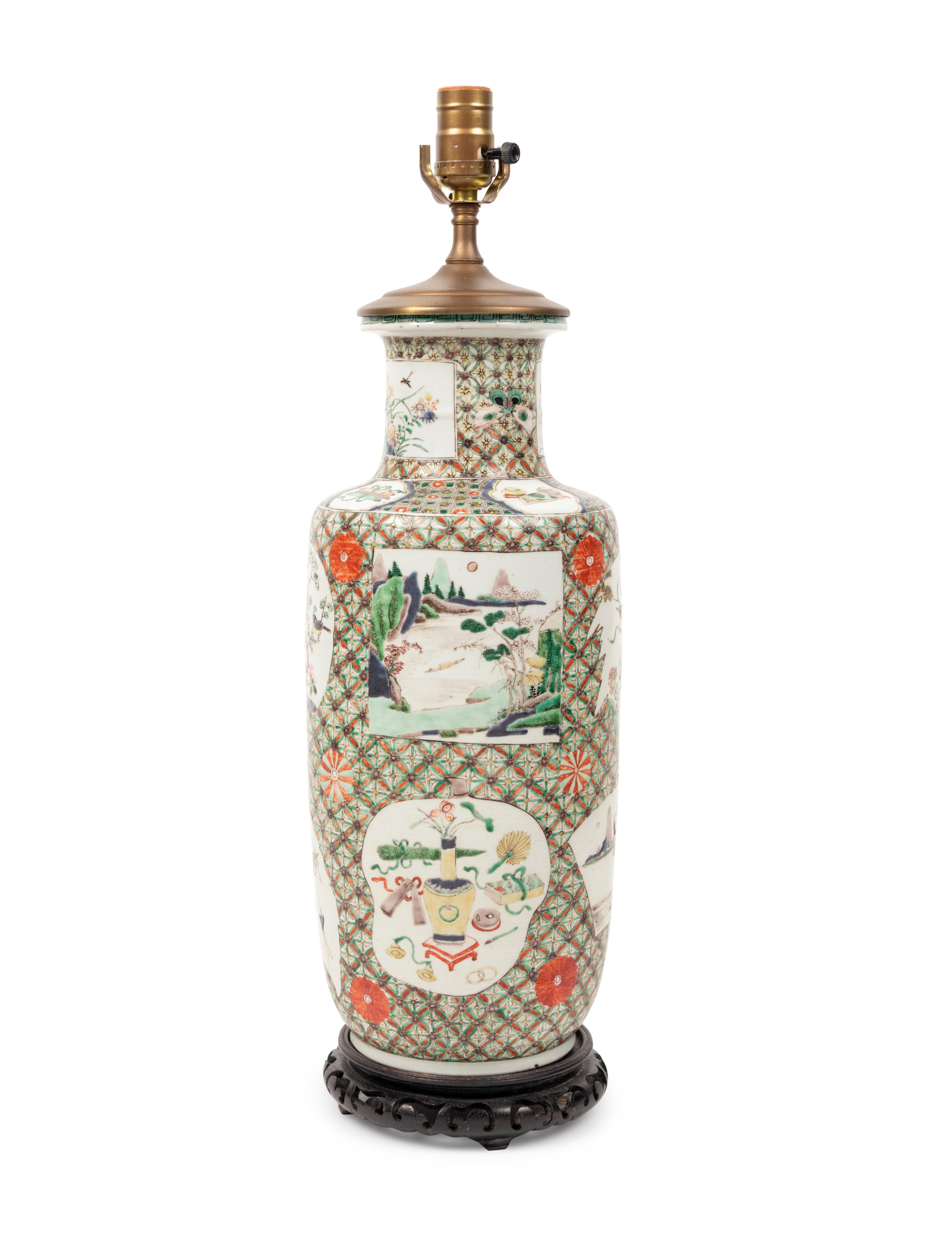 A Chinese Famille Verte Porcelain Rouleau Vase