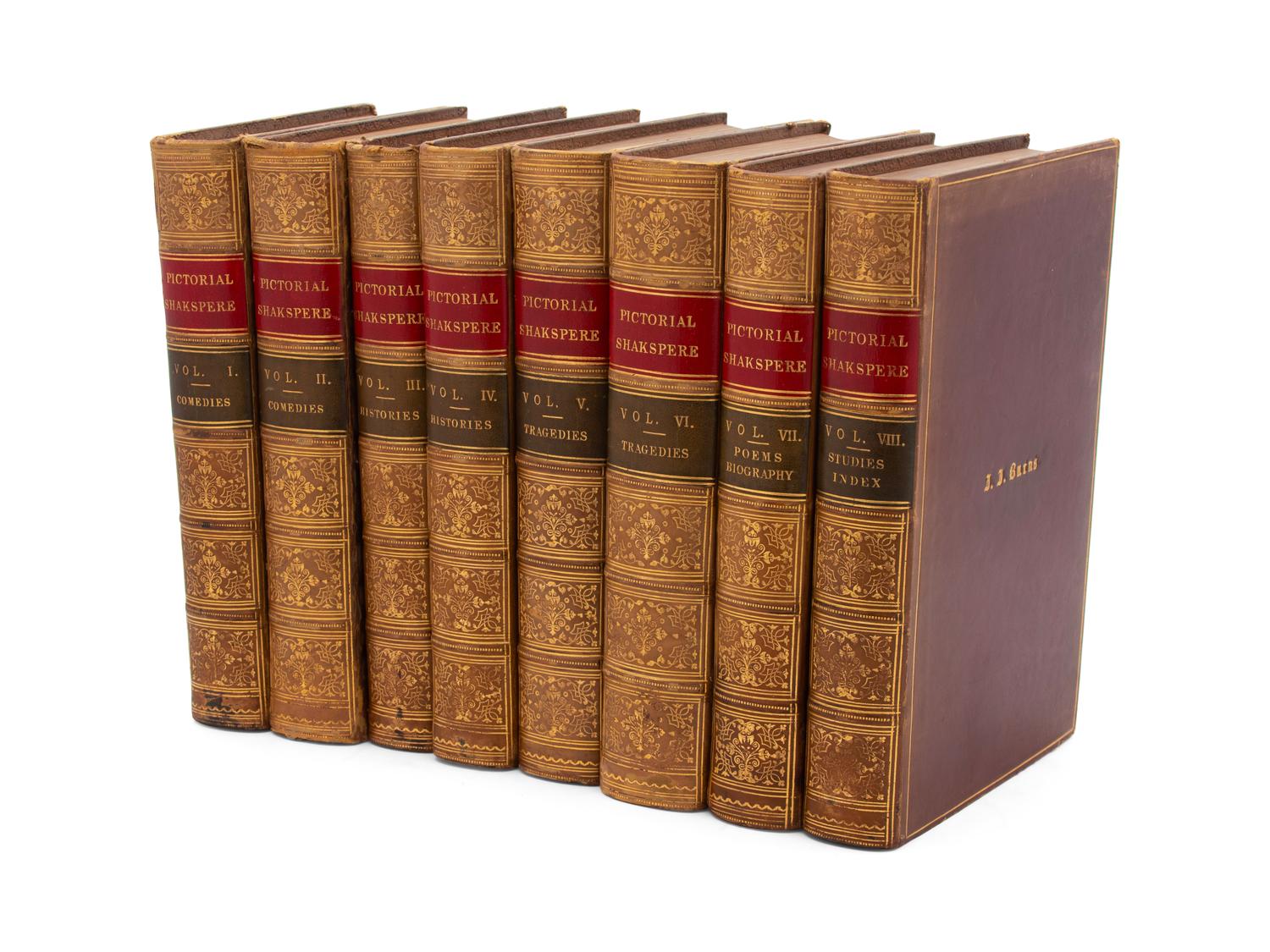 Shakespeare, , Knight, Charles, The Comedies, Histories, Tragedies, and Poems of William Shakspere, with a Biography, and Studies of His Works, in eight volumes, Boston: Little, Brown, and Company, 1853; brown polished calf, with red and green labels, full gilt spine.