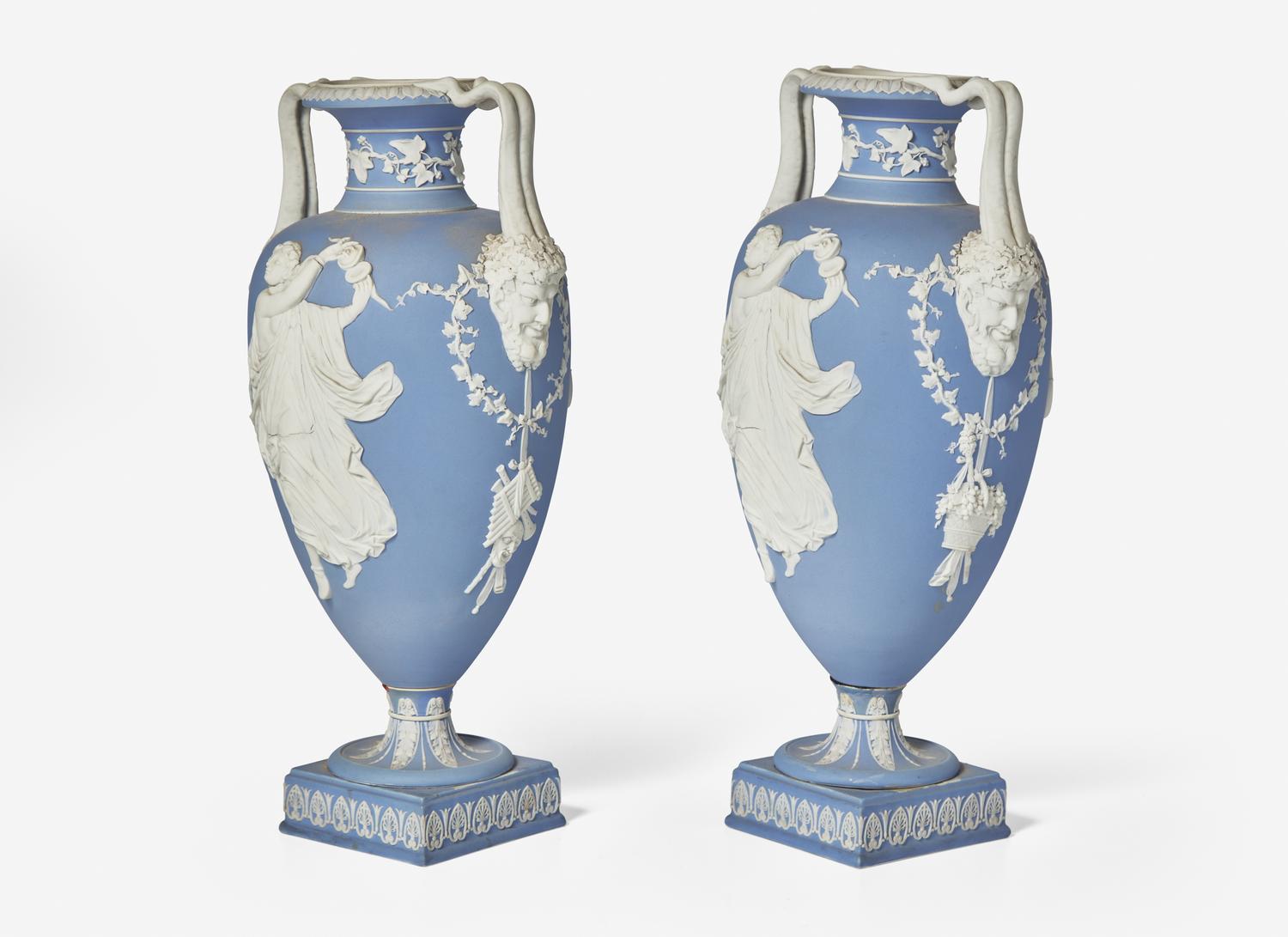 A Pair of Large Wedgwood Blue Jasperware Urns