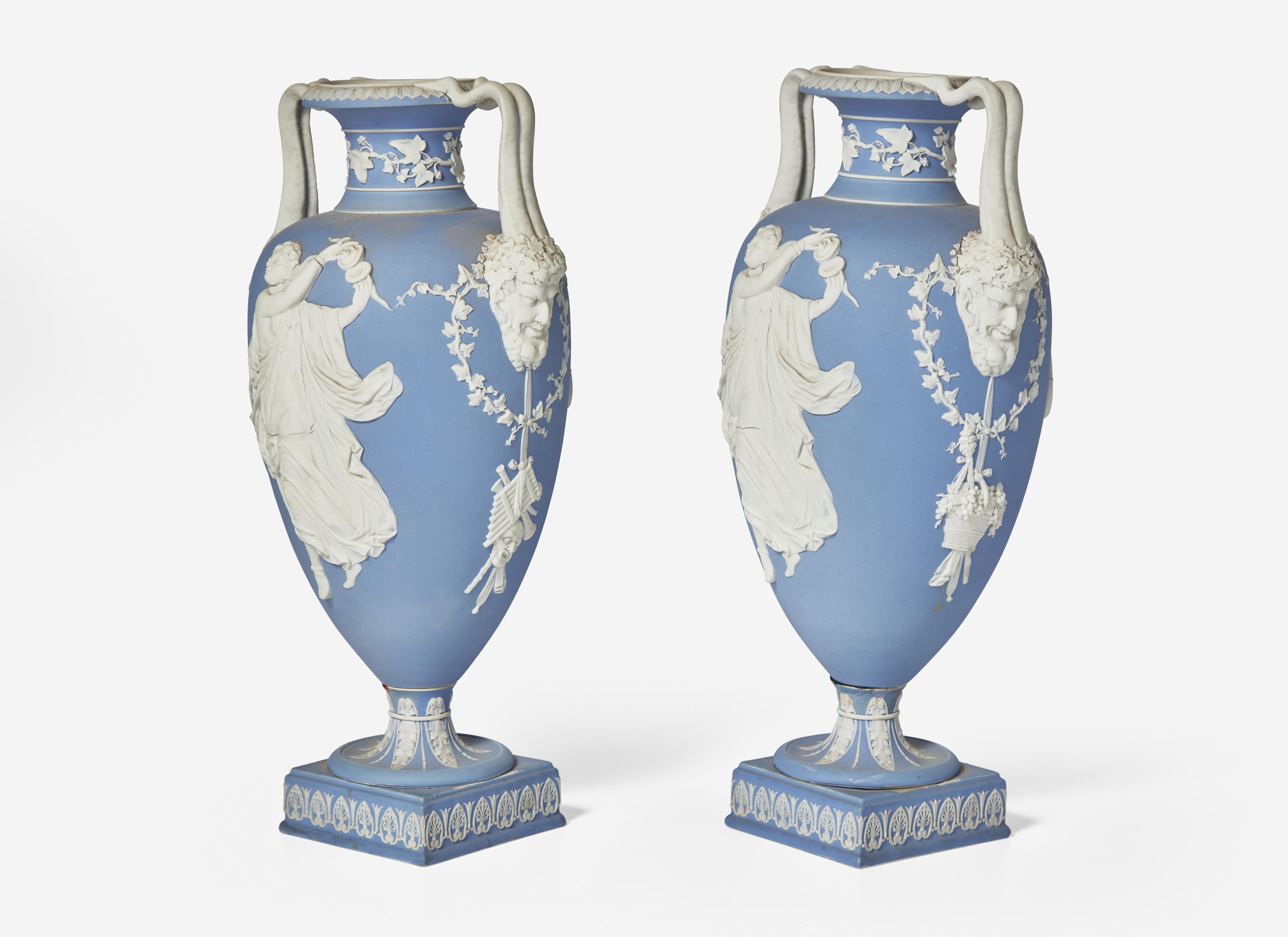 A Pair of Large Wedgwood Blue Jasperware Urns