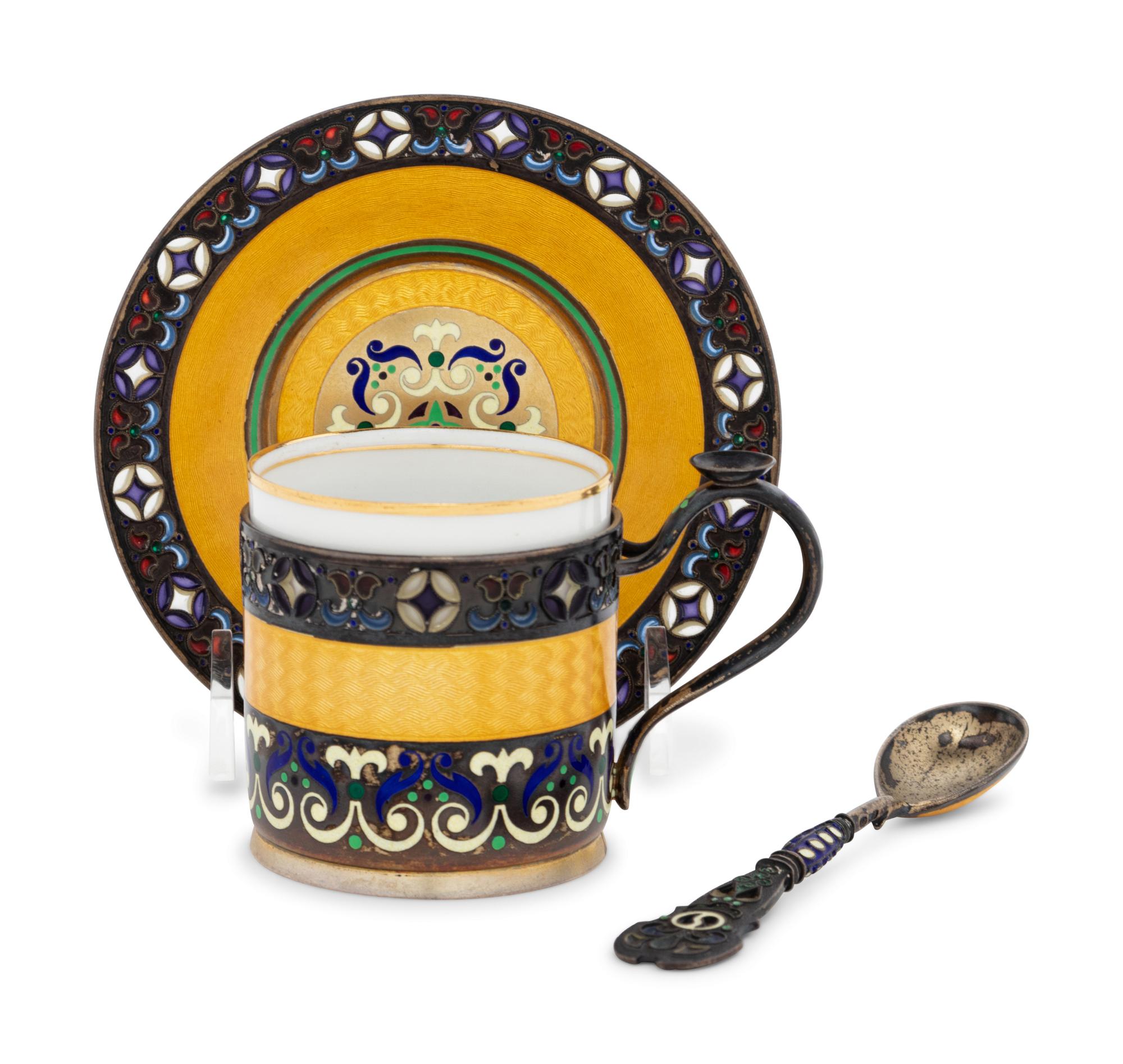 A Russian Enameled Silver Coffee Cup and Saucer