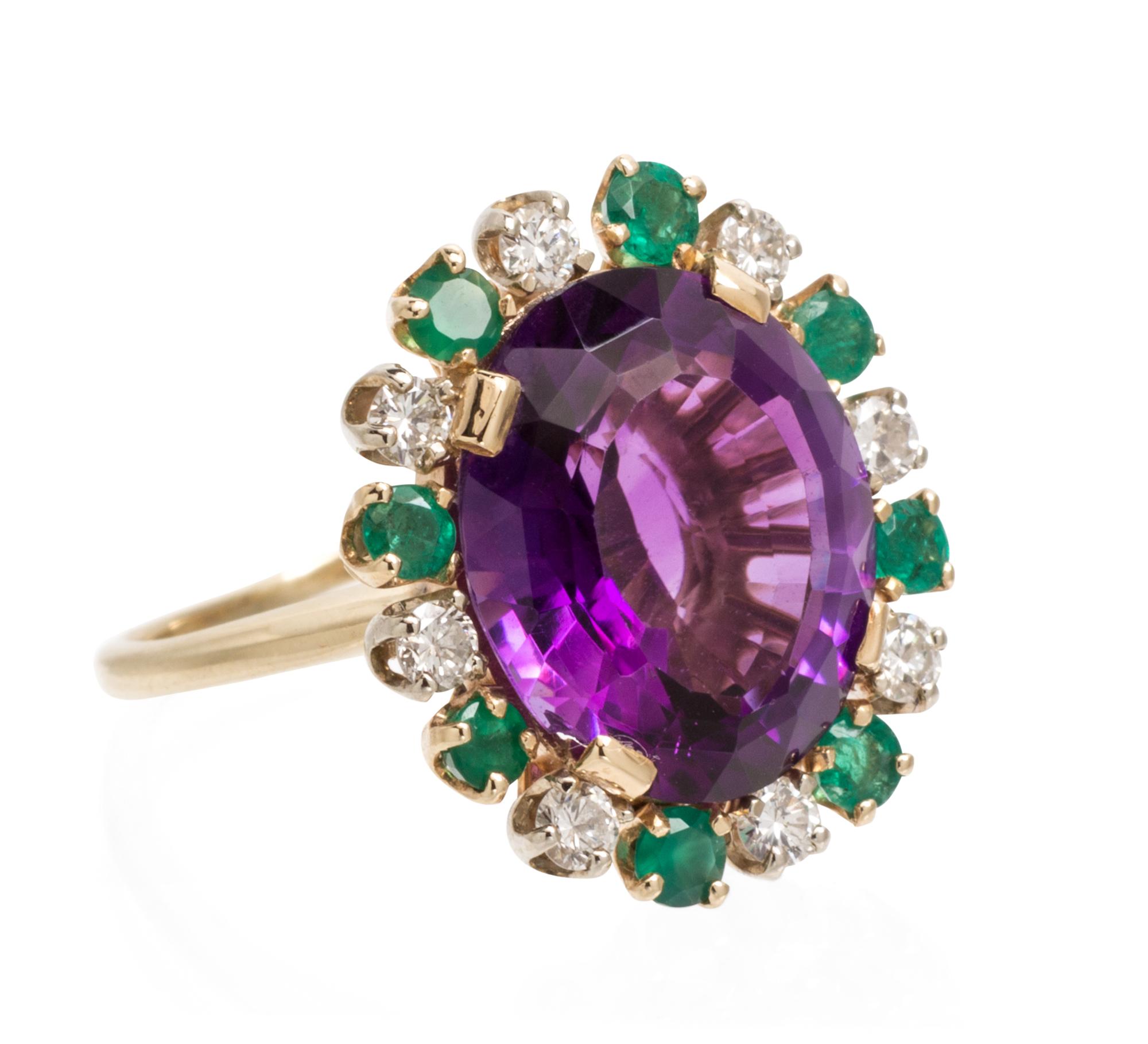 A Yellow Gold, Amethyst, Diamond and Multi Gem Ring, 3.10 dwts.