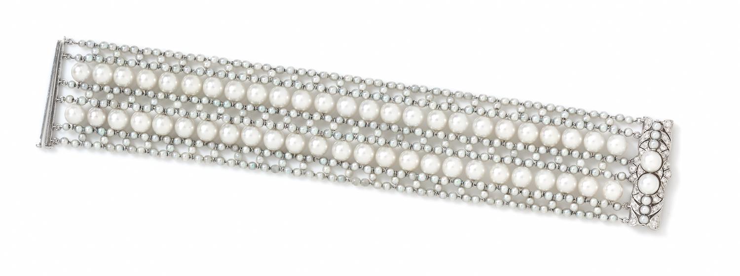 A Platinum, Diamond and Cultured Pearl Bracelet, 43.30 dwts.