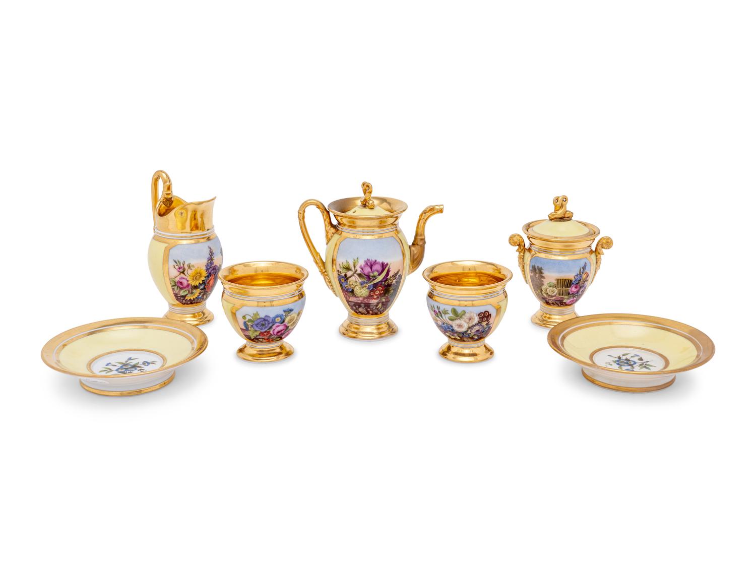 A Paris Porcelain Pale Yellow-Ground Seven-Piece Tea Service