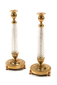 A Pair of Charles X Style Gilt Bronze and Cut Glass Candlesticks