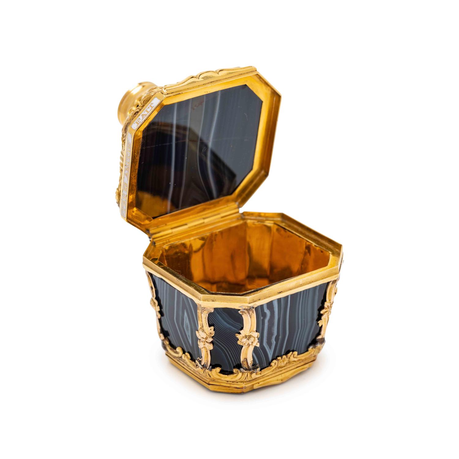 A George III Gold-Mounted Agate and Enameled Scent Bottle, Snuff Box and Patch Box