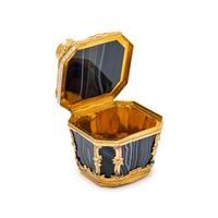 A George III Gold-Mounted Agate and Enameled Scent Bottle, Snuff Box and Patch Box
