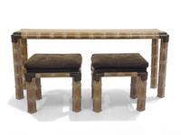 A Brass Mounted Bamboo Carved Console Table and Pair of Stools
