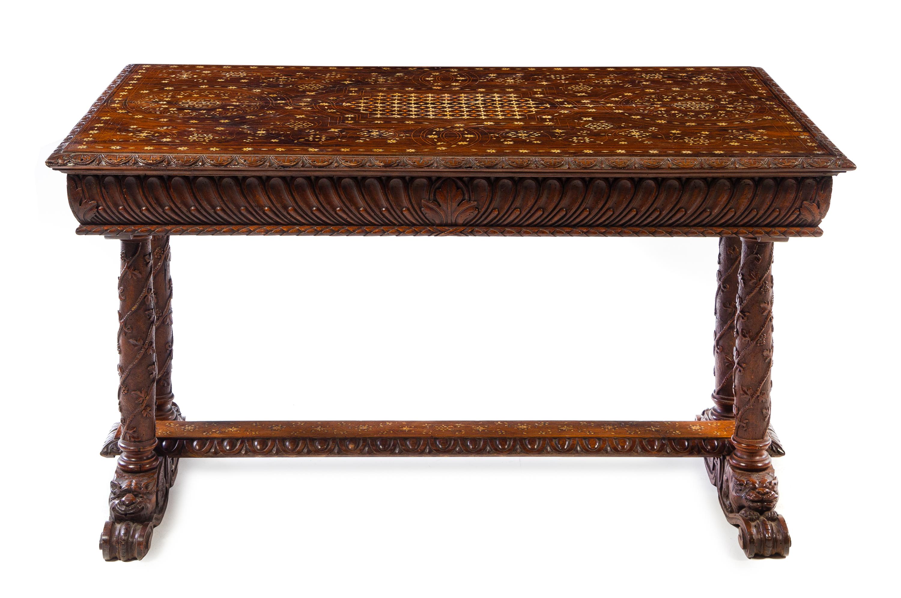 An Italian Inlaid Oak Trestle Table Height 30 x width 51 3/8 x depth 31 1/2 inches. — 19TH CENTURY