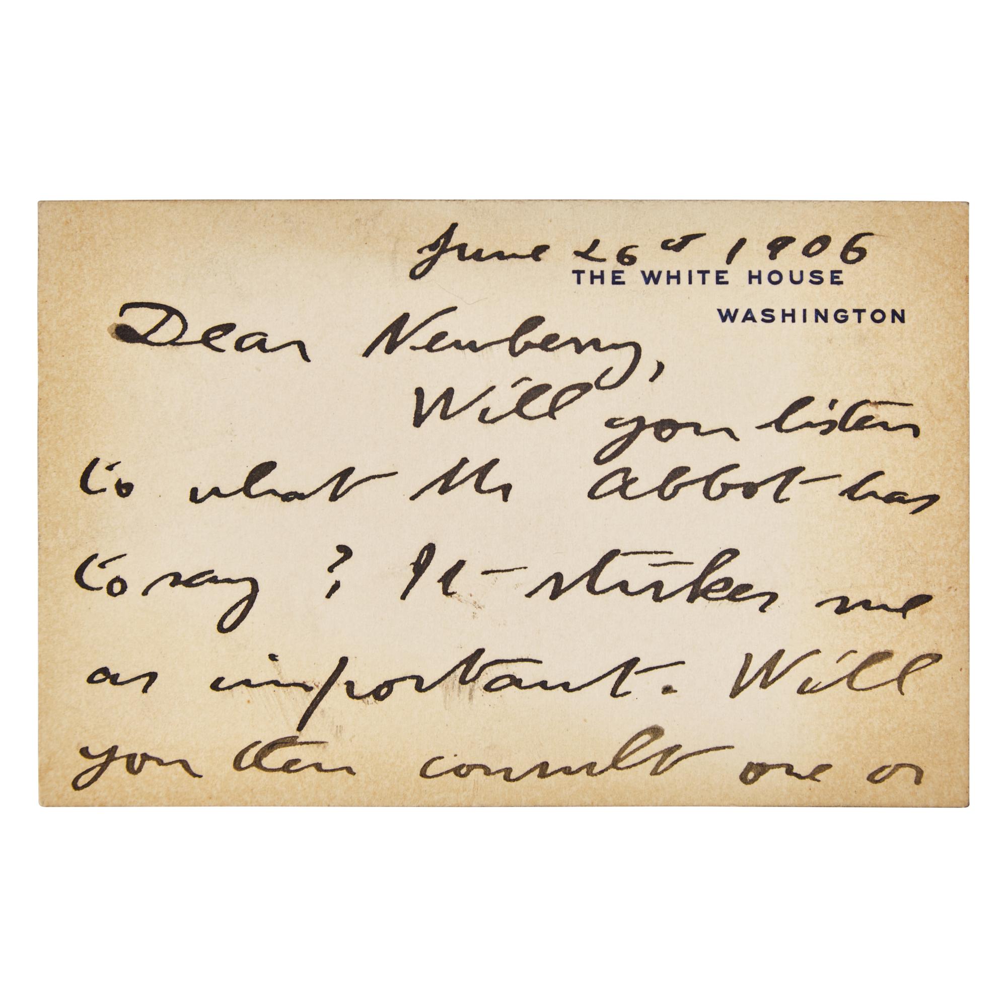[Presidential] Roosevelt, Theodore. Autograph Note, signed