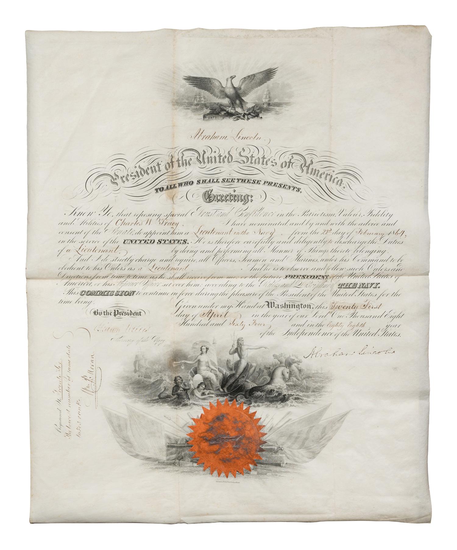LINCOLN, Abraham. Partially-engraved document signed ("Abraham Lincoln") as President, countersigned by Secretary of the navy Gideon Welles, 21 April 1864.