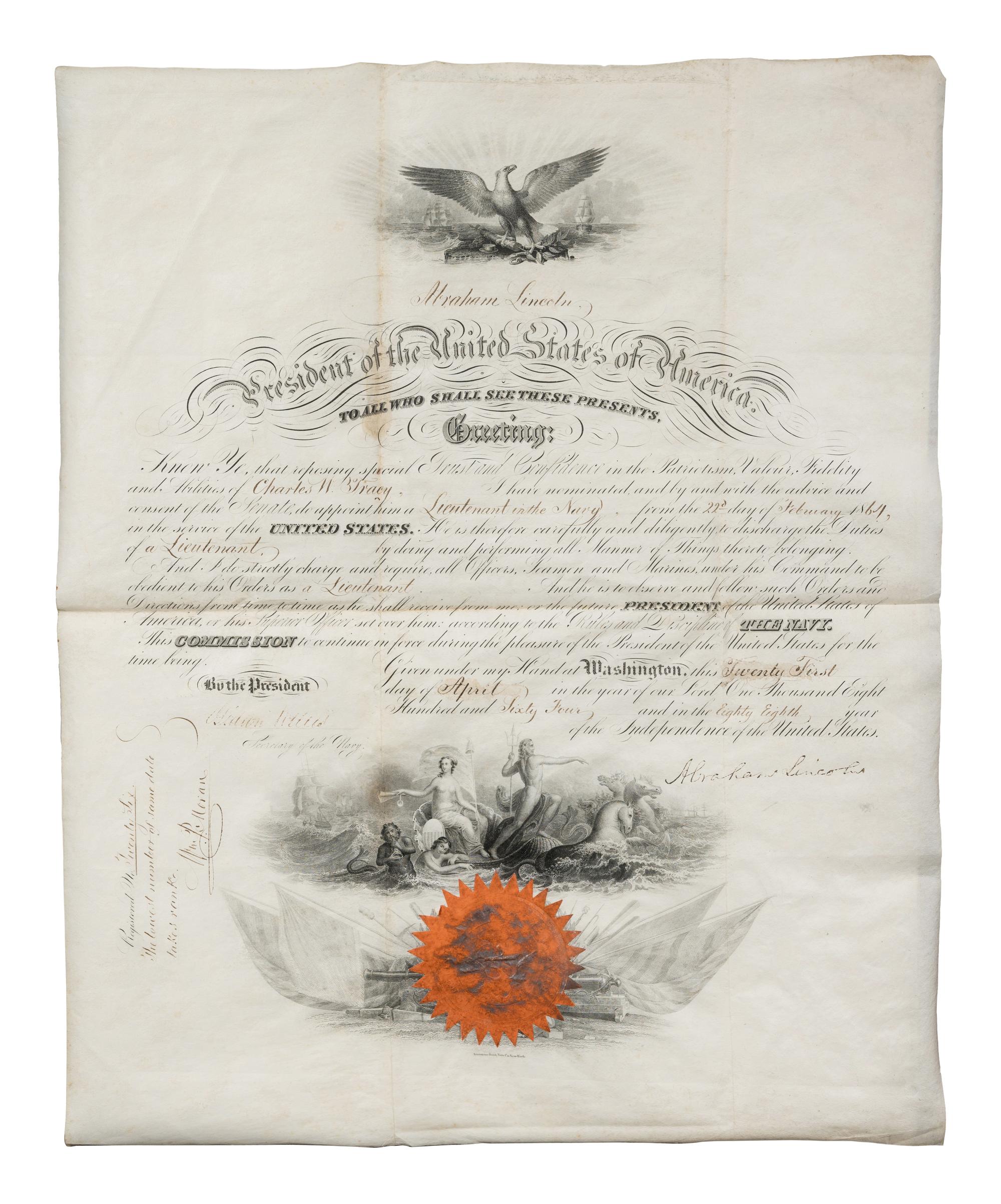 LINCOLN, Abraham. Partially-engraved document signed ("Abraham Lincoln") as President, countersigned by Secretary of the navy Gideon Welles, 21 April 1864.