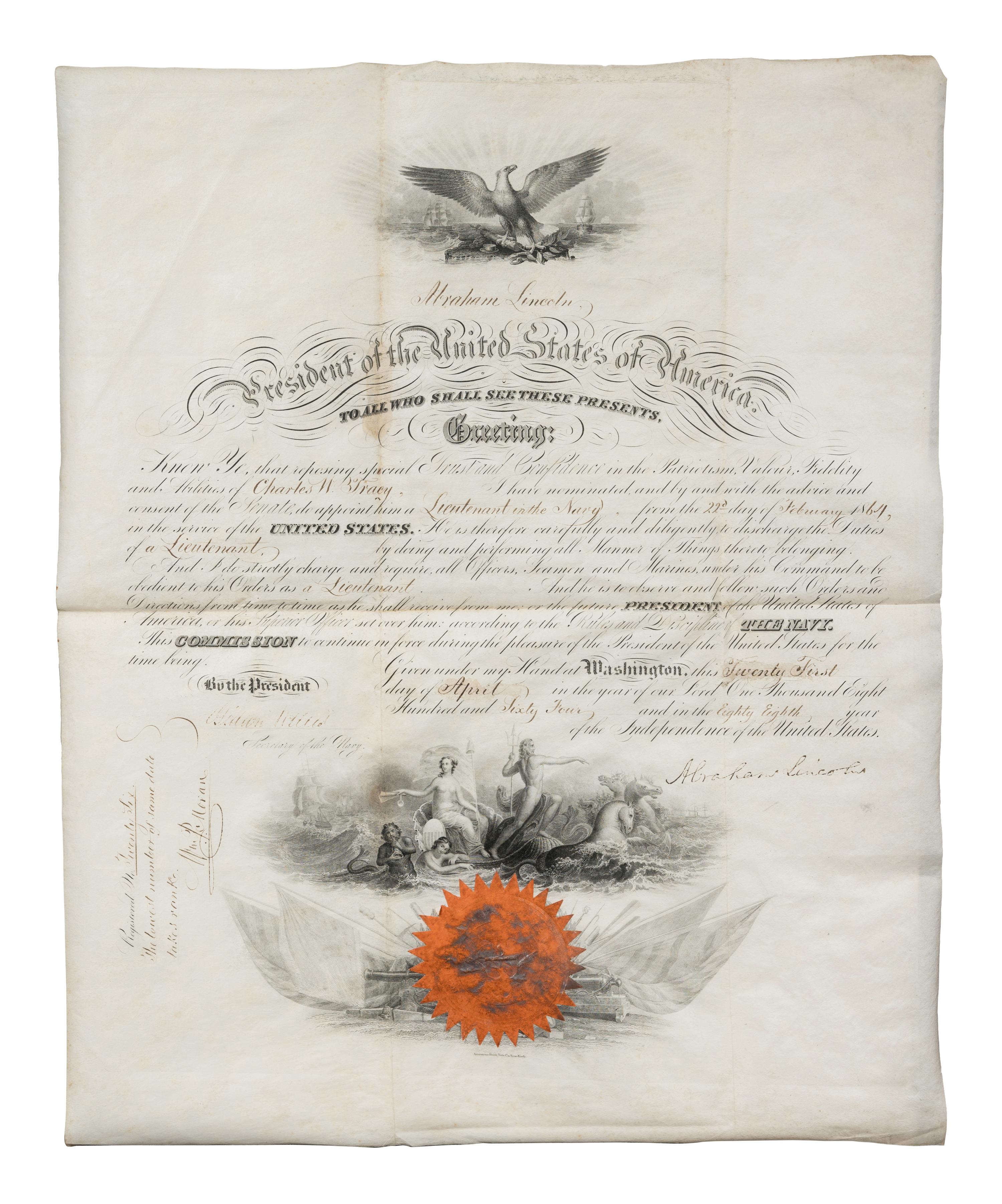 LINCOLN, Abraham. Partially-engraved document signed ("Abraham Lincoln") as President, countersigned by Secretary of the navy Gideon Welles, 21 April 1864.