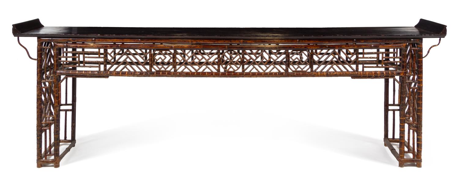 A Large Chinese Bamboo and Lacquer Altar Table, Qiaotou'an Height 36 1/4 x width 106 x depth 18 inches. — 19TH CENTURY