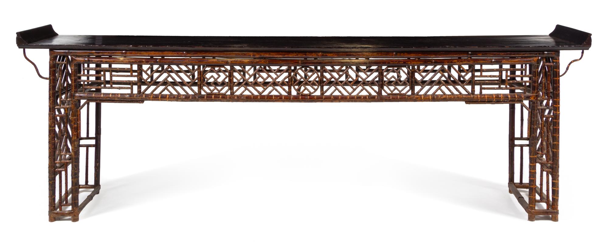 A Large Chinese Bamboo and Lacquer Altar Table, Qiaotou'an Height 36 1/4 x width 106 x depth 18 inches. — 19TH CENTURY